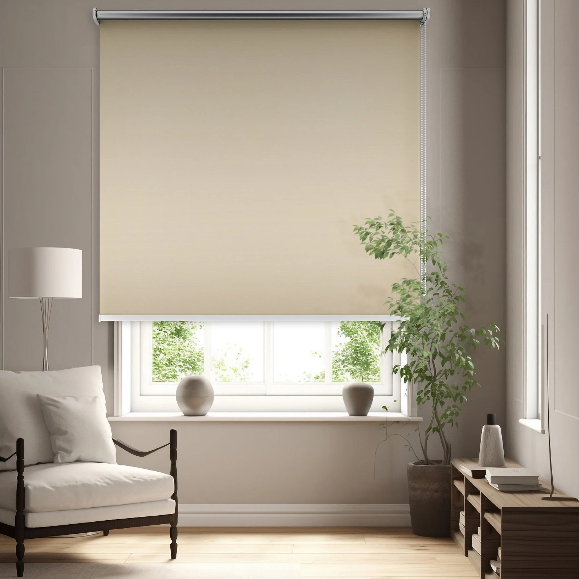 Roller blinds installed on a bright window