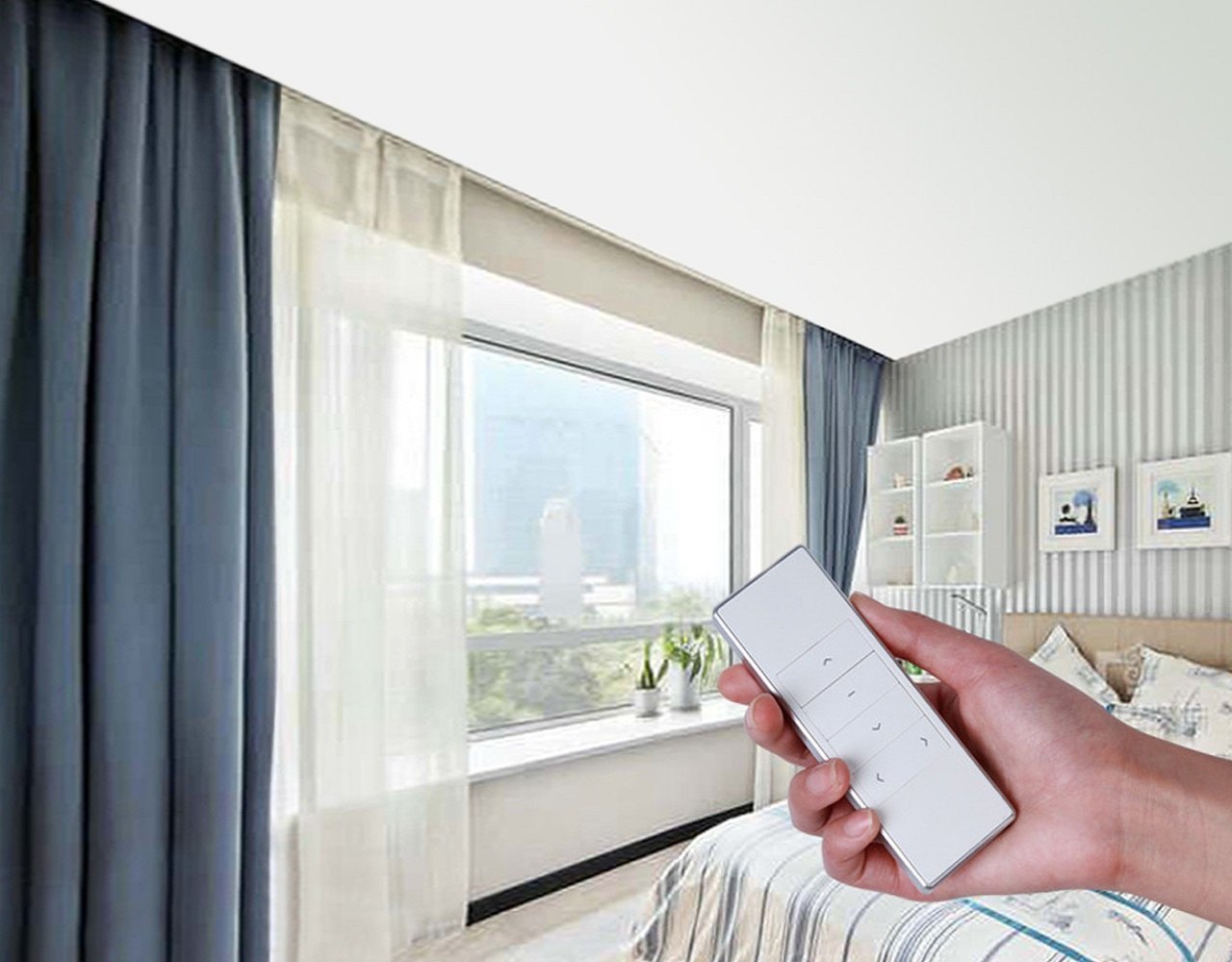 Motorised curtains drawing open in a modern room